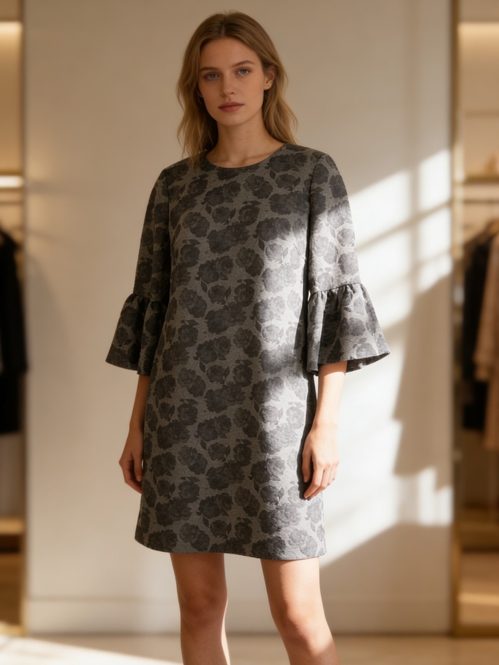 Calvin Klein Gray Floral Bell Sleeve Sweater Dress Size 6 Small